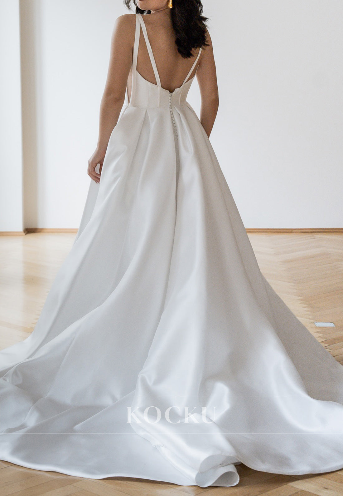 Spaghetti - Strap Sweetheart Neckline Satin Ball Gown Wedding Dress with Open Back & Pockets