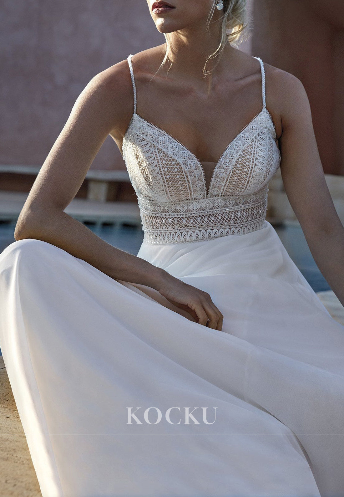 Spaghetti Strap Deep V - Neck Wedding Dress with Lace - Embellished Bodice & Train