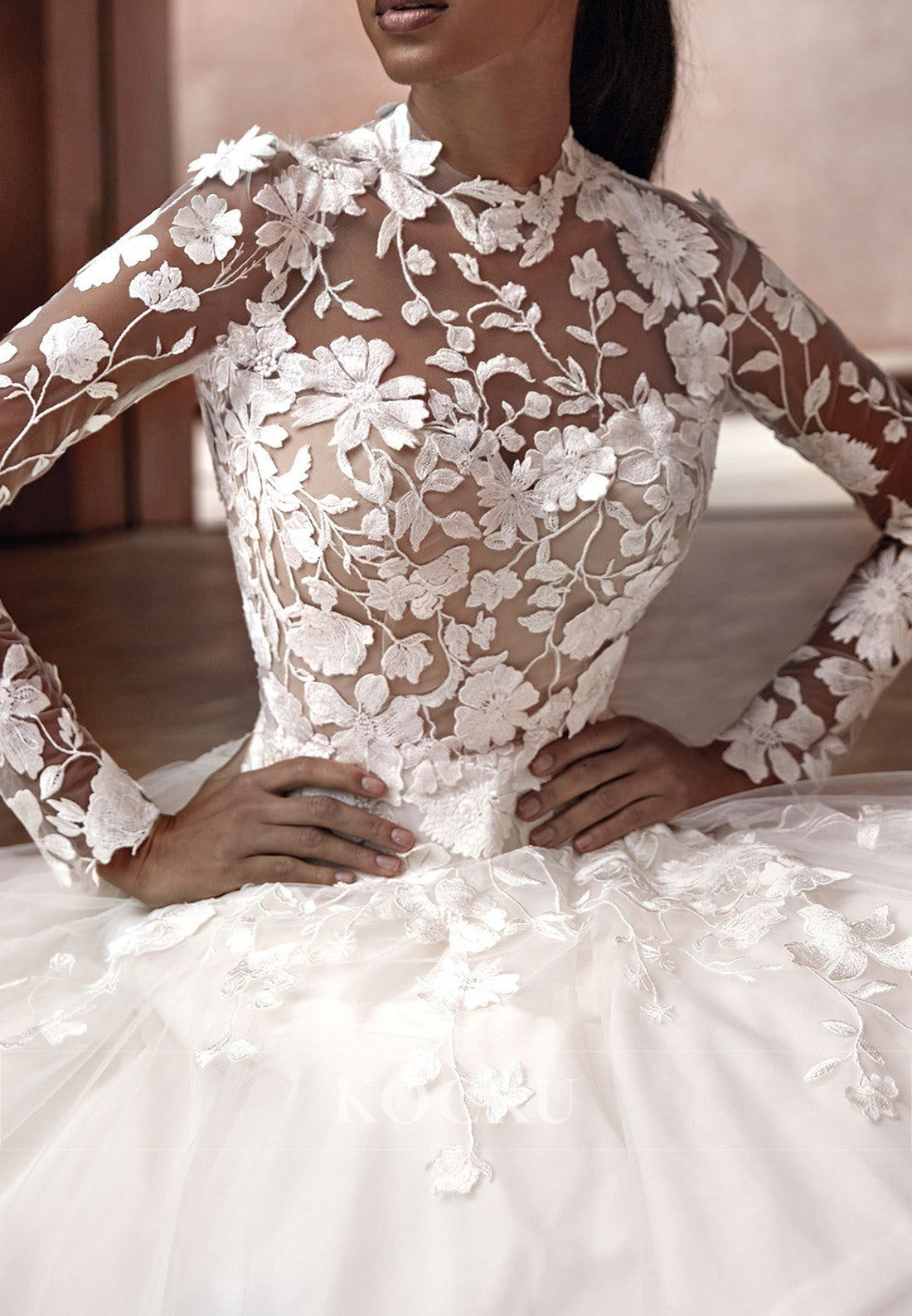 Romantic Long Sleeve Open Back Wedding Dress with Sheer Floral Bodice & Ball Gown Skirt