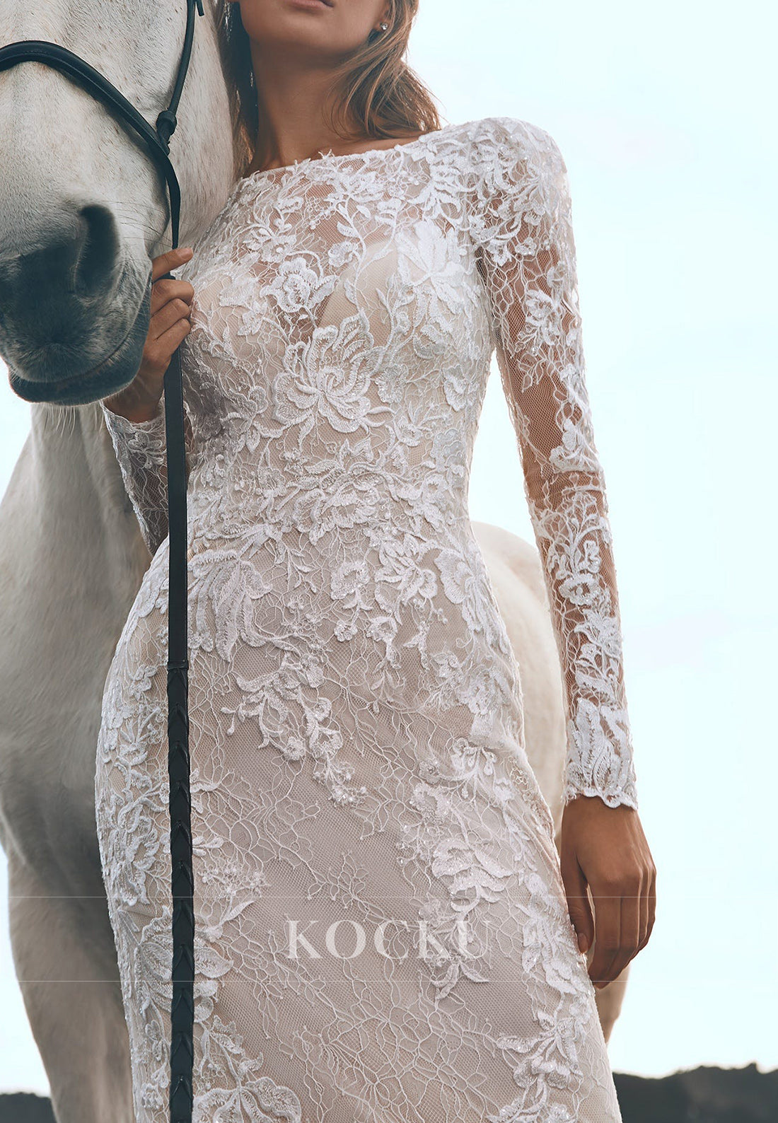 Lace Long Sleeve Mermaid Wedding Dress with Open Back & Train for Beach