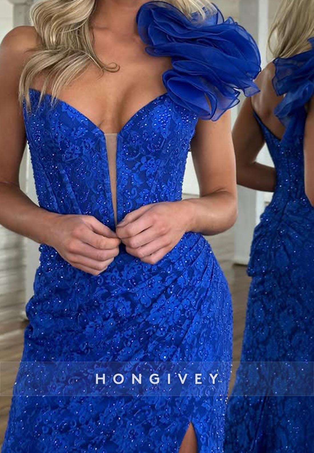 Allover Lace Applique Floral Embossed Mermaid V-Neckline Prom Dresses