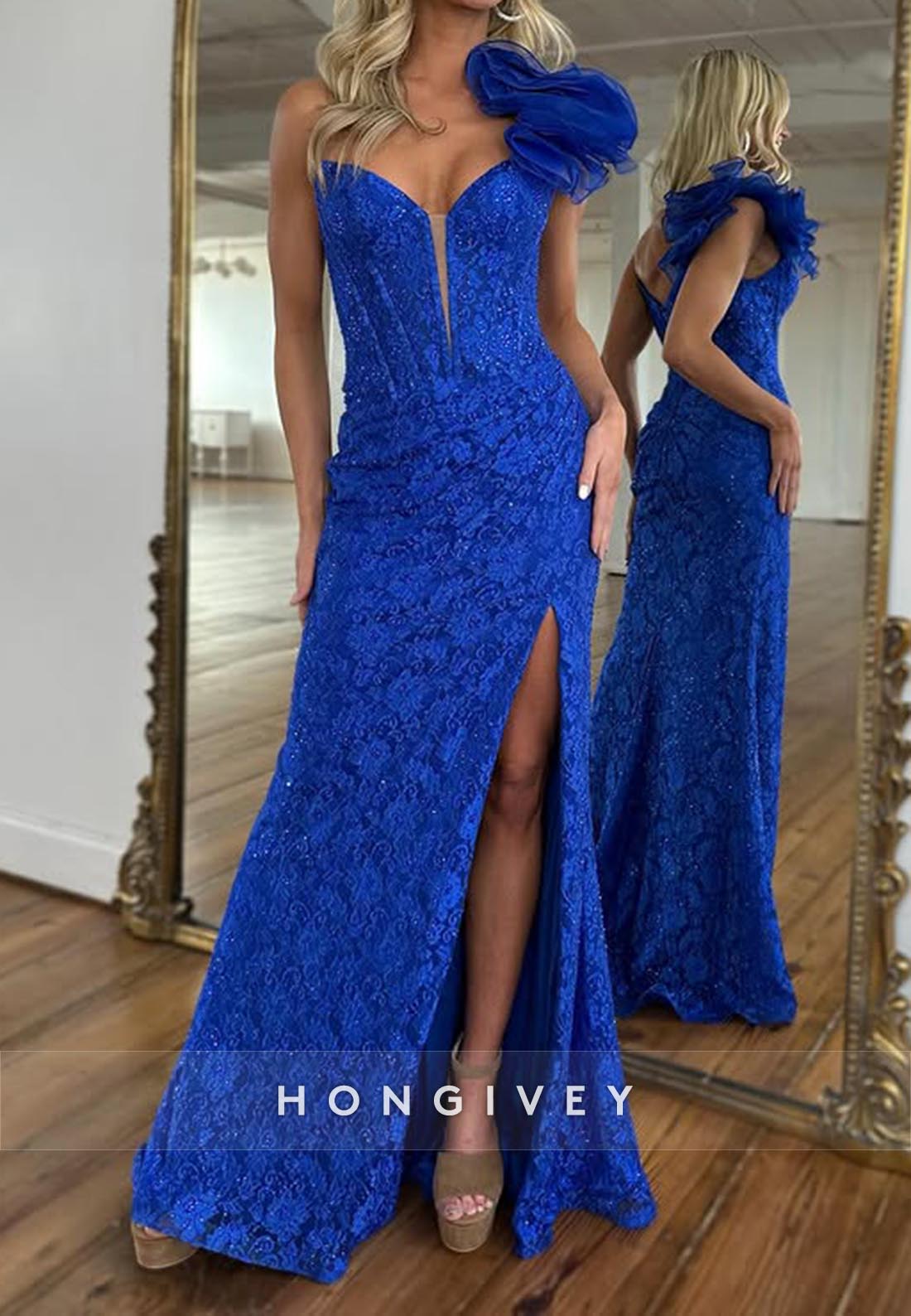 Allover Lace Applique Floral Embossed Mermaid V-Neckline Prom Dresses