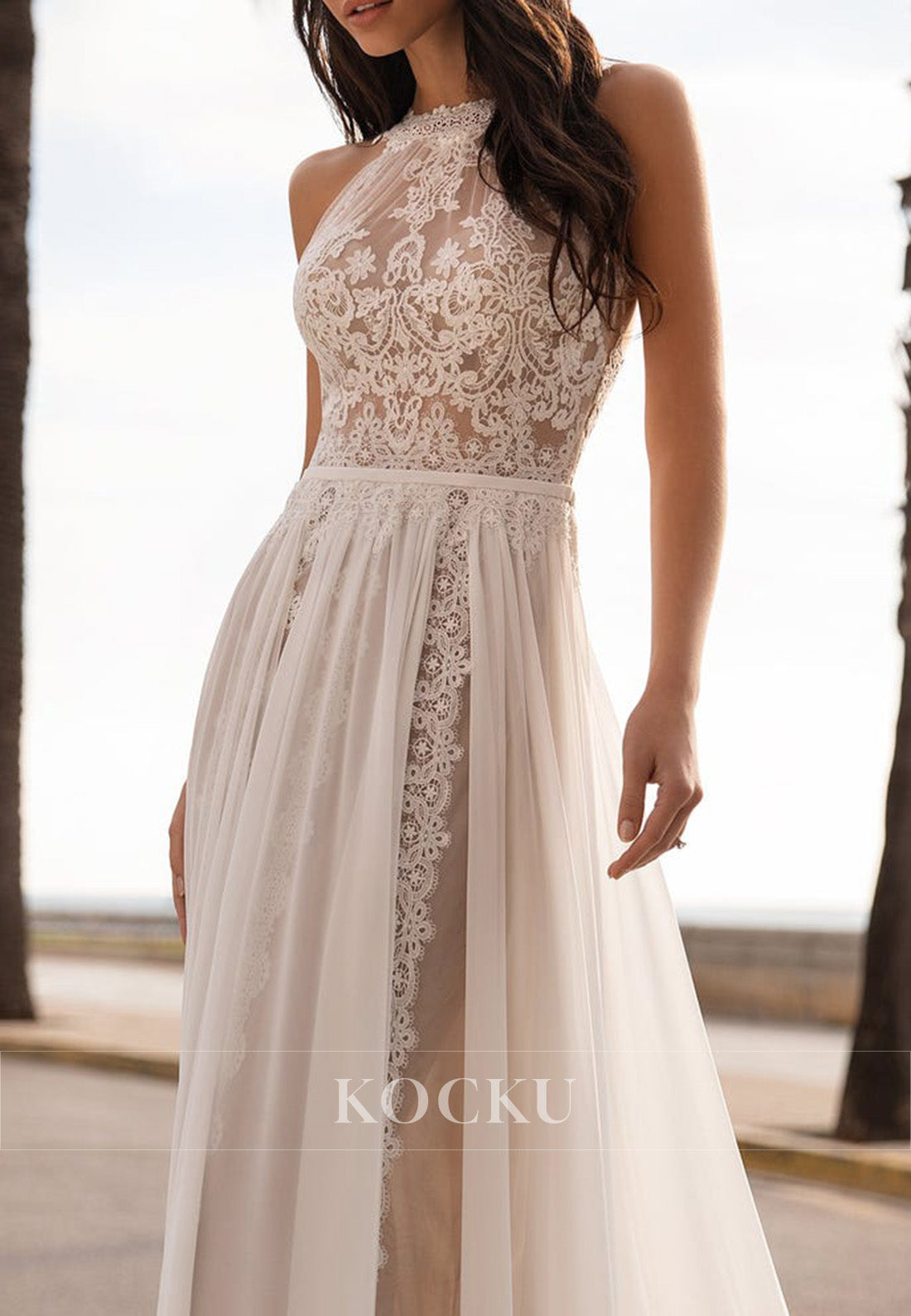 High - Neck Lace Illusion Wedding Dress with Open Back & Chiffon Train