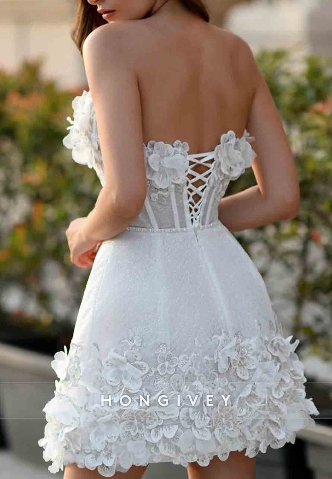 Flowers Crisscross Back A-line Strapless Sleeveless Mini Wedding Dress