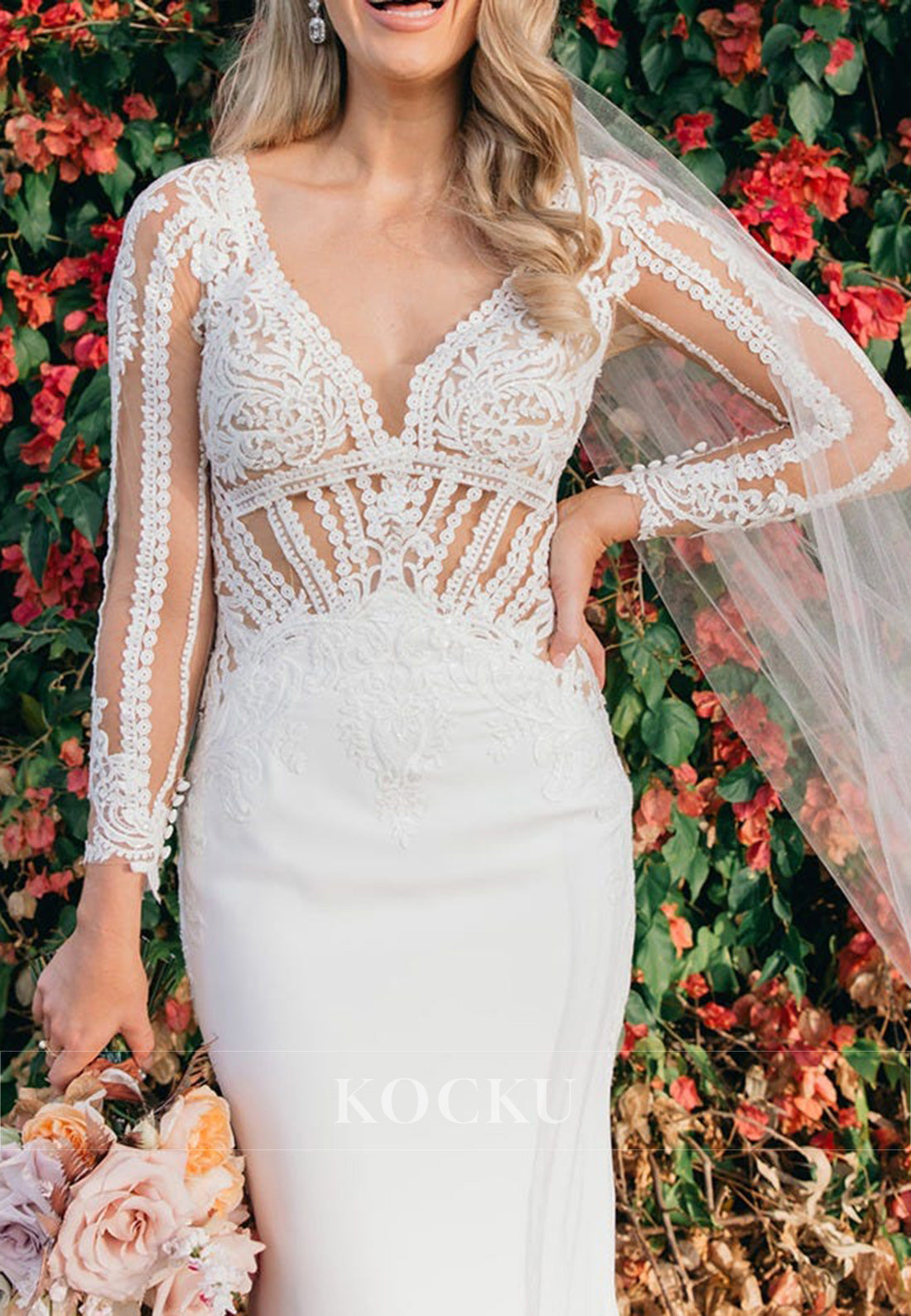 Lace Illusion Long Sleeve Mermaid Wedding Dress with Sheer Back & Train