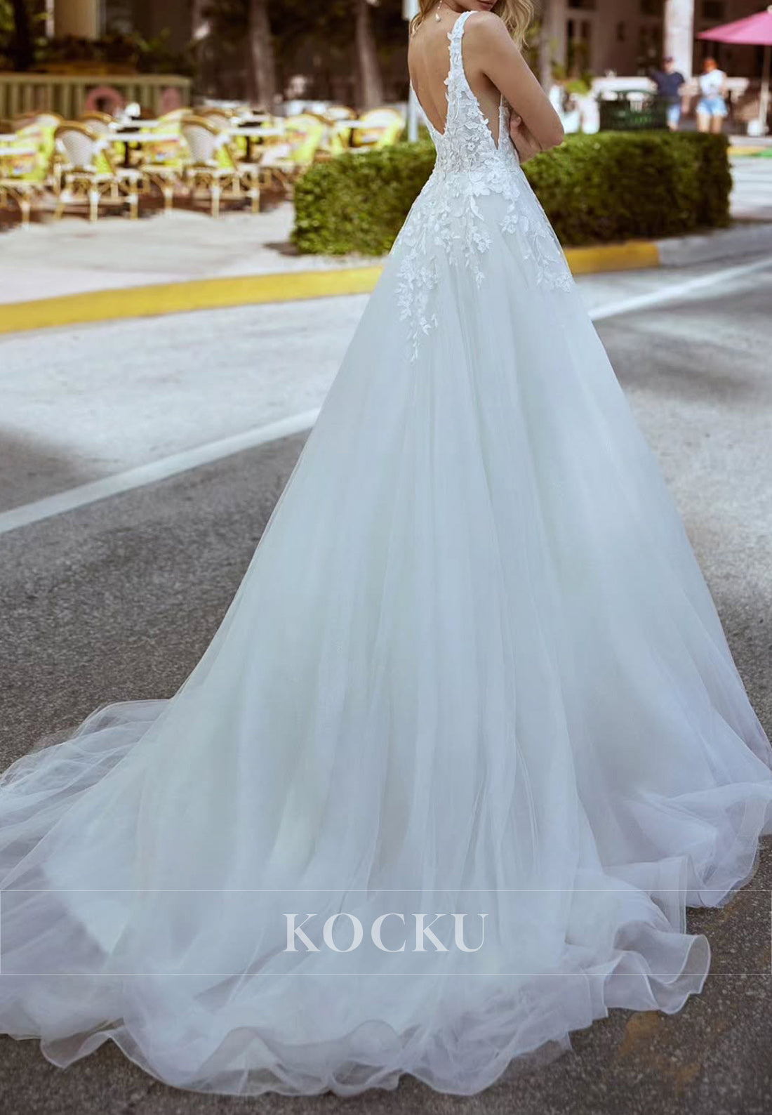 White Deep Neck Backless Ballgown Wedding Dress with Floral Appliques