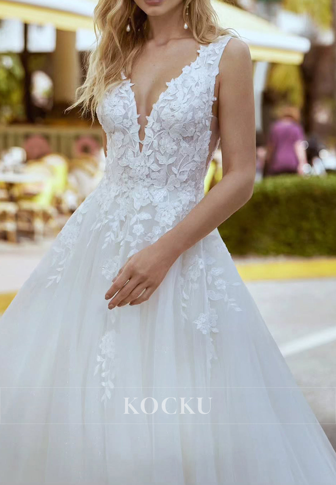 White Deep Neck Backless Ballgown Wedding Dress with Floral Appliques