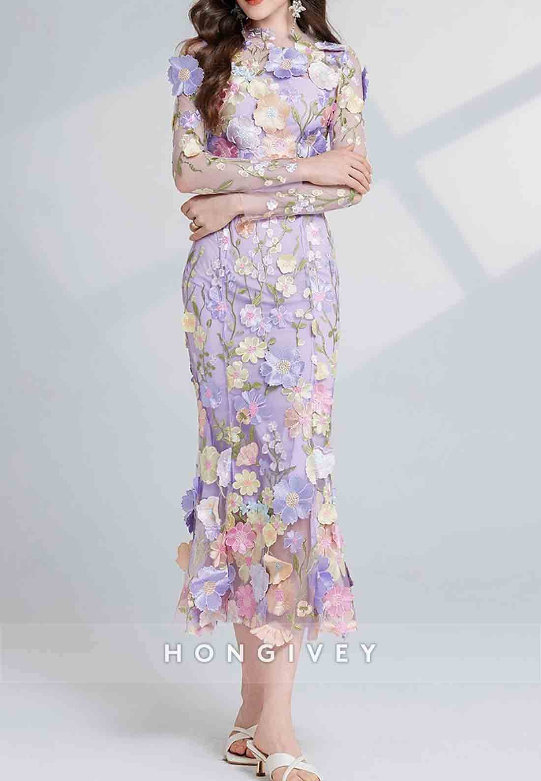 Ankle-Length Long Sleeve Flowers Tulle with Embroidery Vintage Wedding Guest Party Dresses