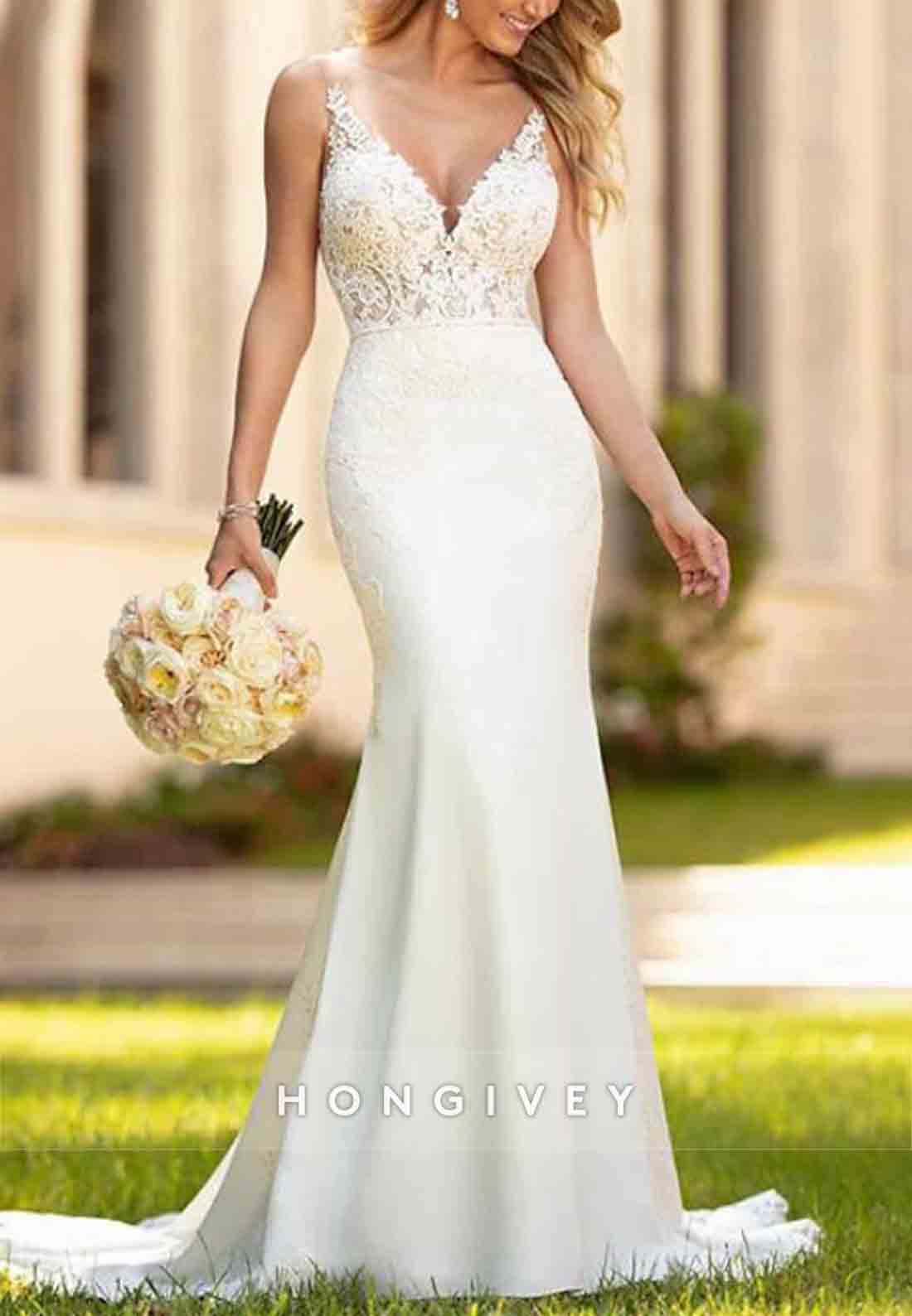 Sleeveless V Back Low Lace V-Neck Court Train Trumpet Boho Wedding Dresses