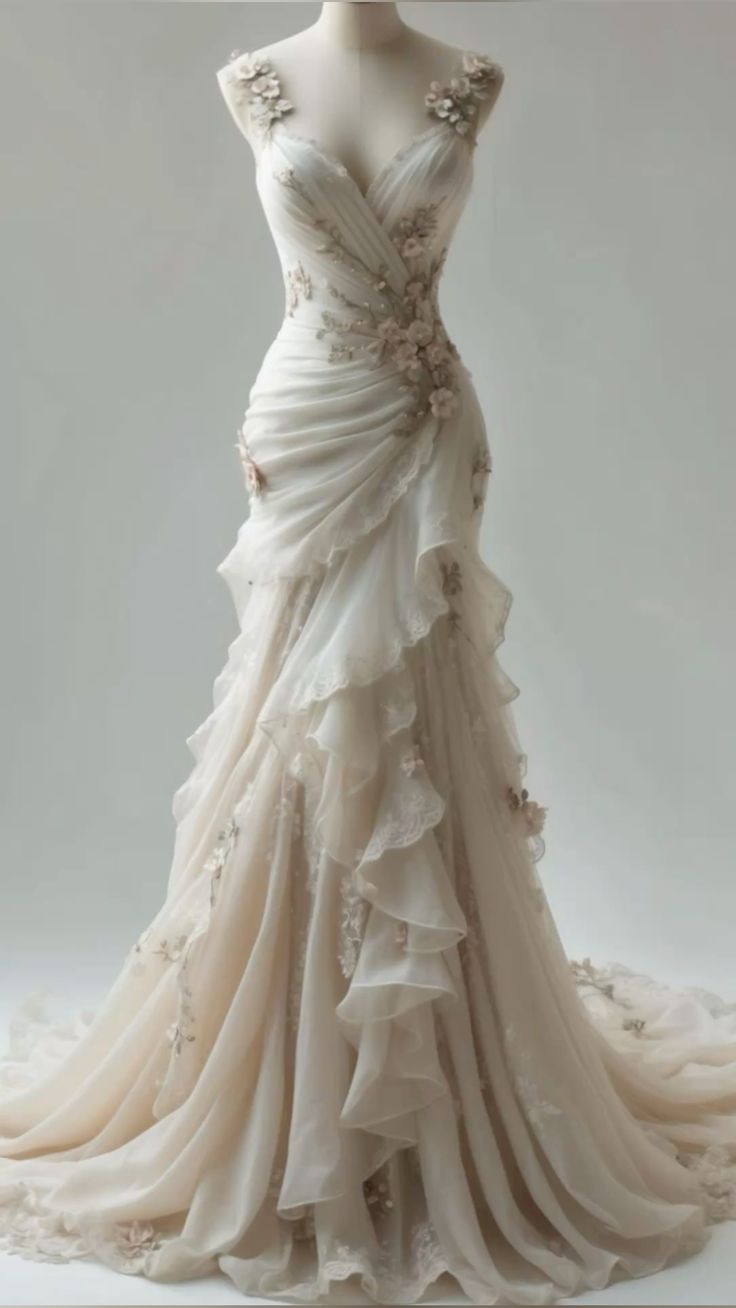 Ivory Vintage Floral Long Tulle Ball Gown Wedding Dress