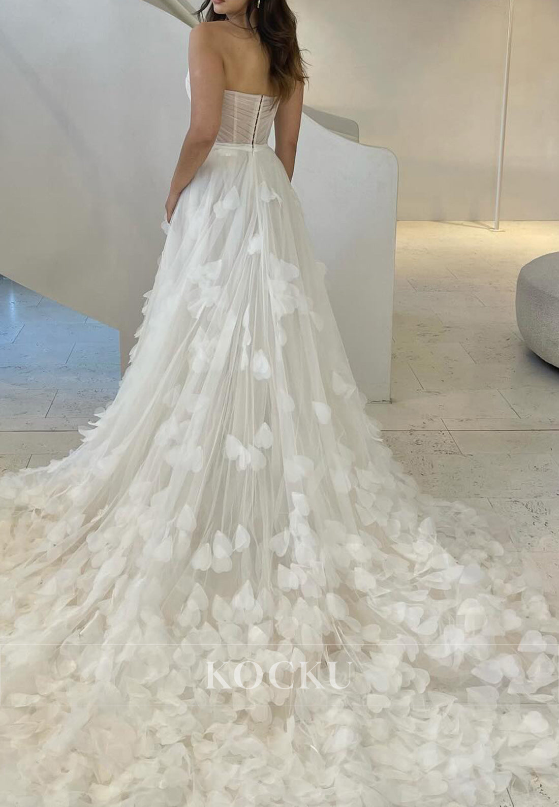 White Sweetheart Sheer Bodice Ballgown Wedding Dress with 3D Floral Lace