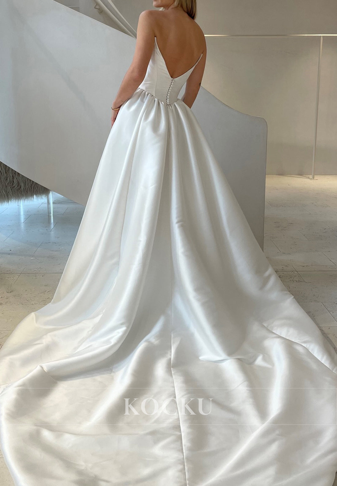 White Satin Strapless Buttons Back Ballgown Long Wedding Dess