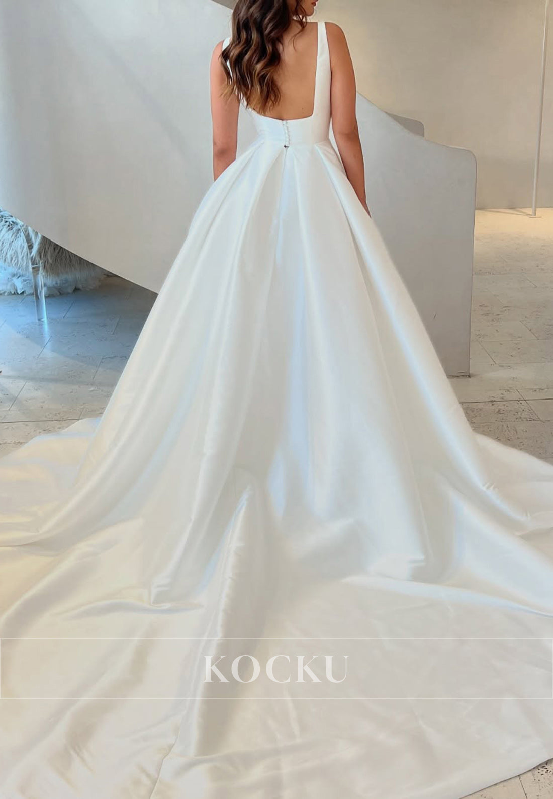 White Satin Square Neck and Back Buttons Ballgown Wedding Dress
