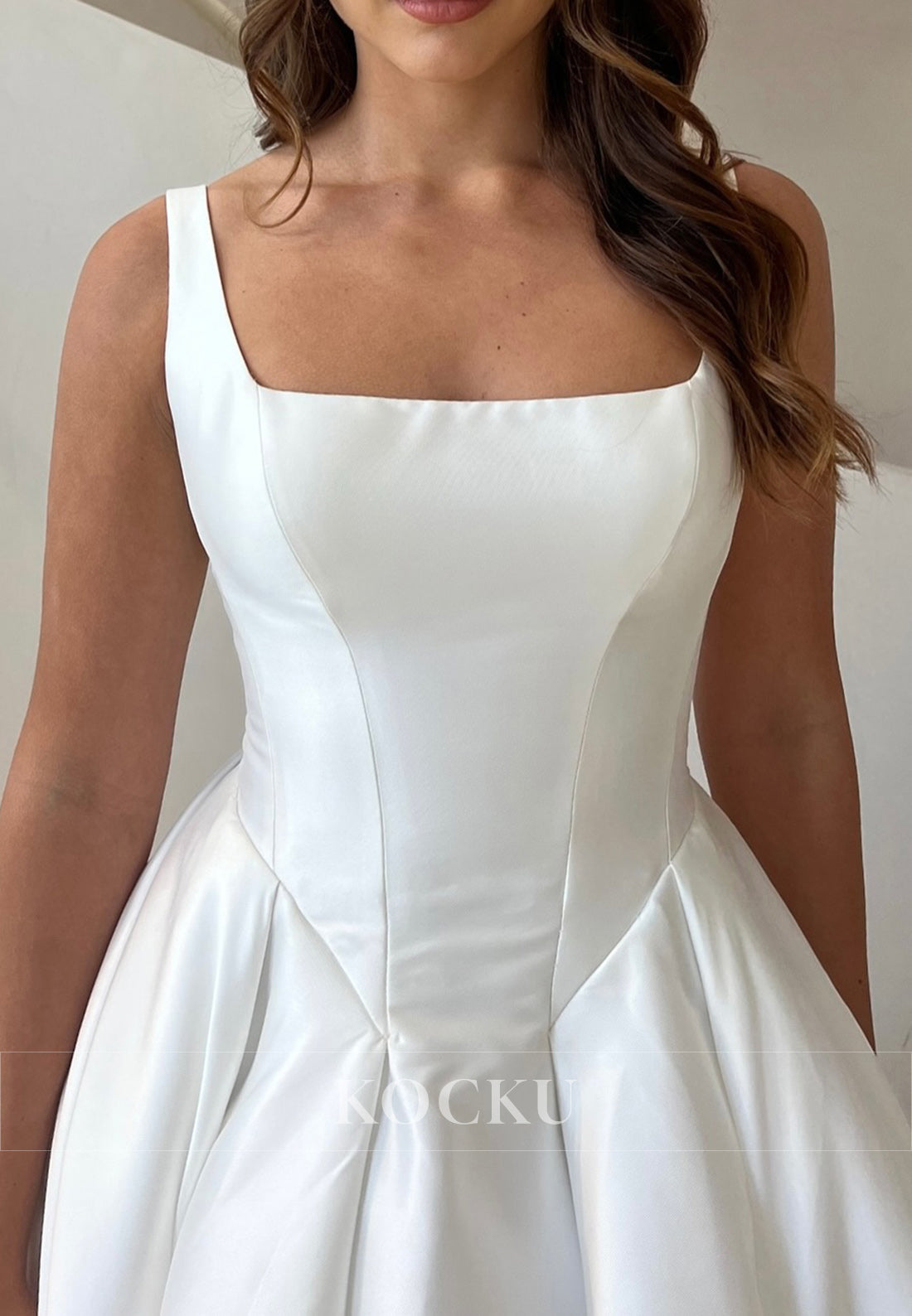 White Satin Square Neck and Back Buttons Ballgown Wedding Dress