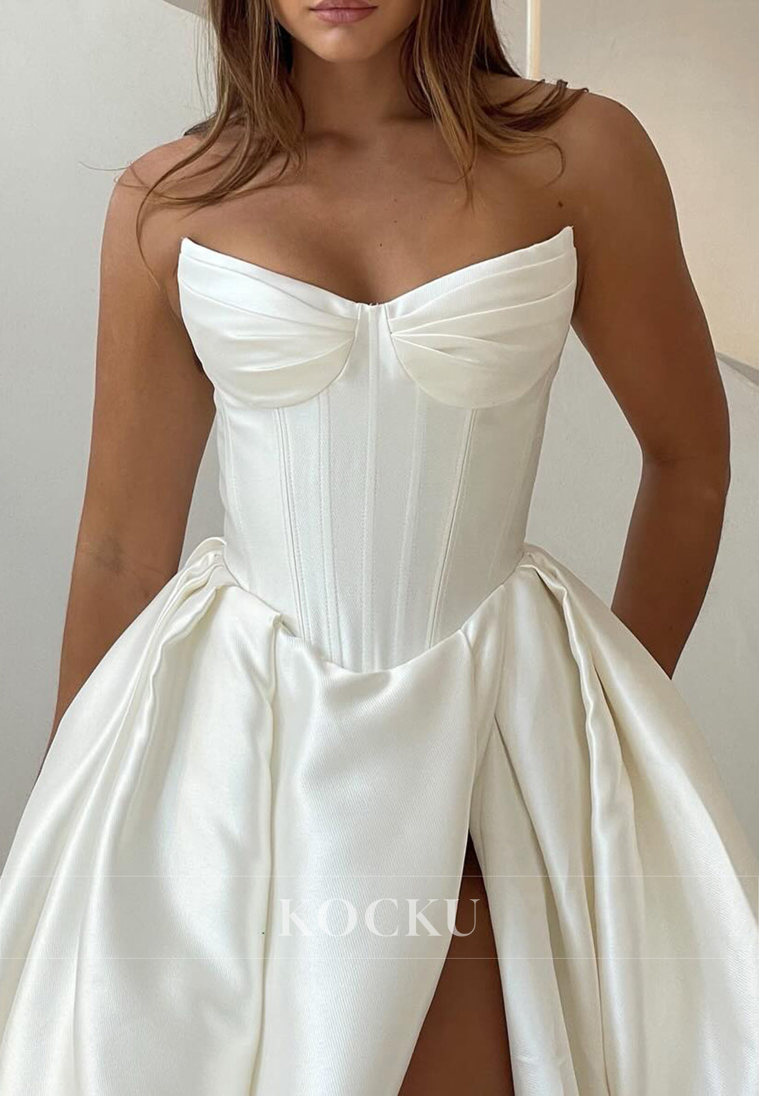 White Satin Strapless Corset Bodice Ballgown Wedding Dress with Slit