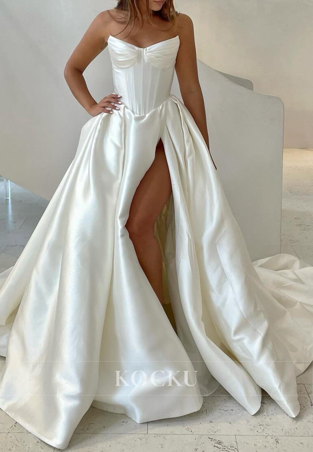 White Satin Strapless Corset Bodice Ballgown Wedding Dress with Slit