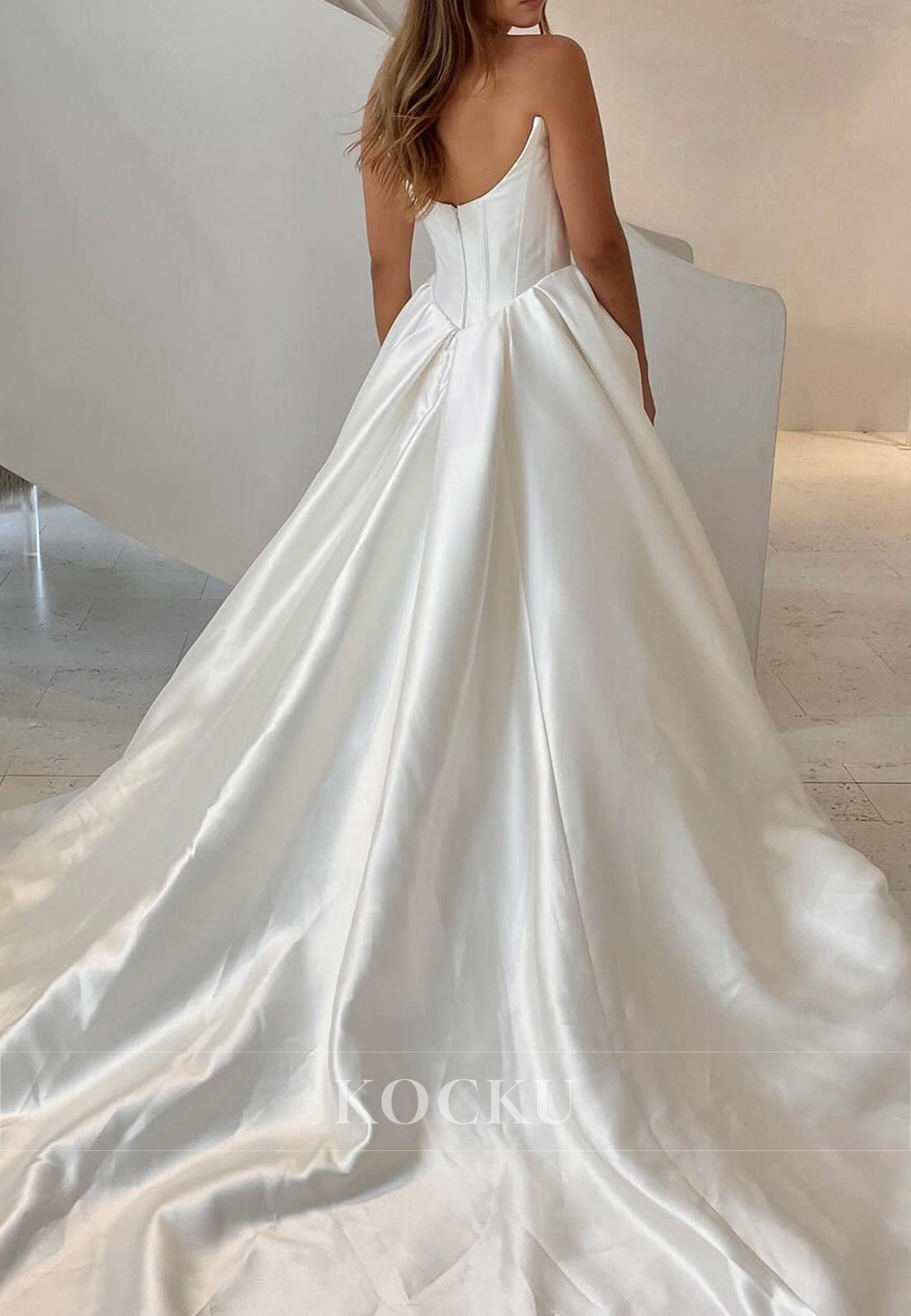 White Satin Strapless Corset Bodice Ballgown Wedding Dress with Slit
