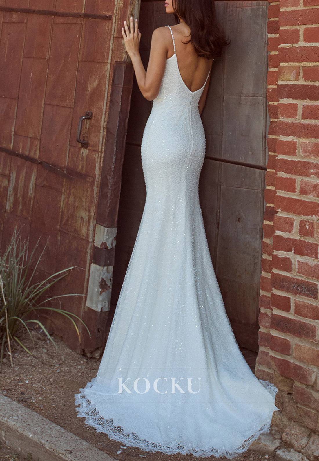 White Sequin Spaghetti Strap Ruched Backless Mermaid Long Wedding Dress with Slit