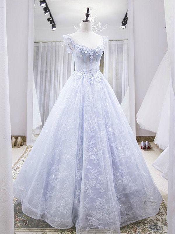 Light Blue Tulle Lace Long Prom Dress, Blue Evening Dress