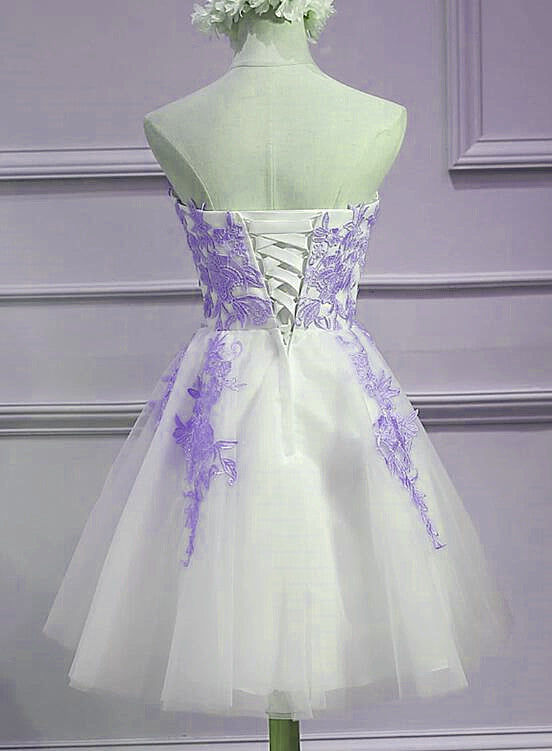 Lovely Sweetheart White Tulle With Purple Lace, Cute Party Dress