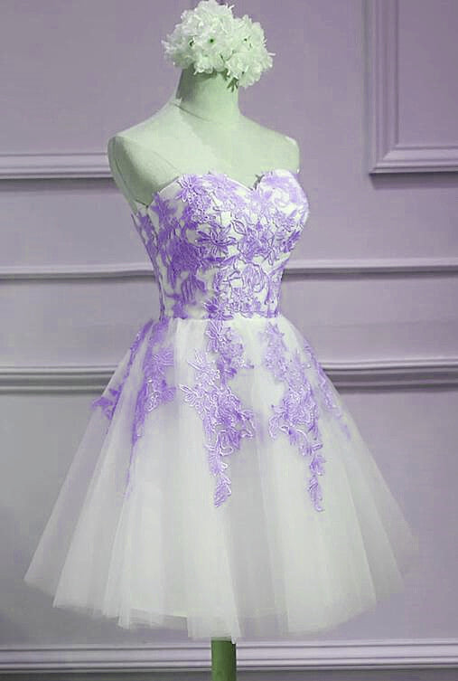 Lovely Sweetheart White Tulle With Purple Lace, Cute Party Dress