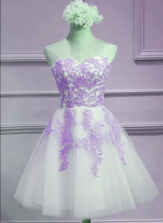 Lovely Sweetheart White Tulle With Purple Lace, Cute Party Dress