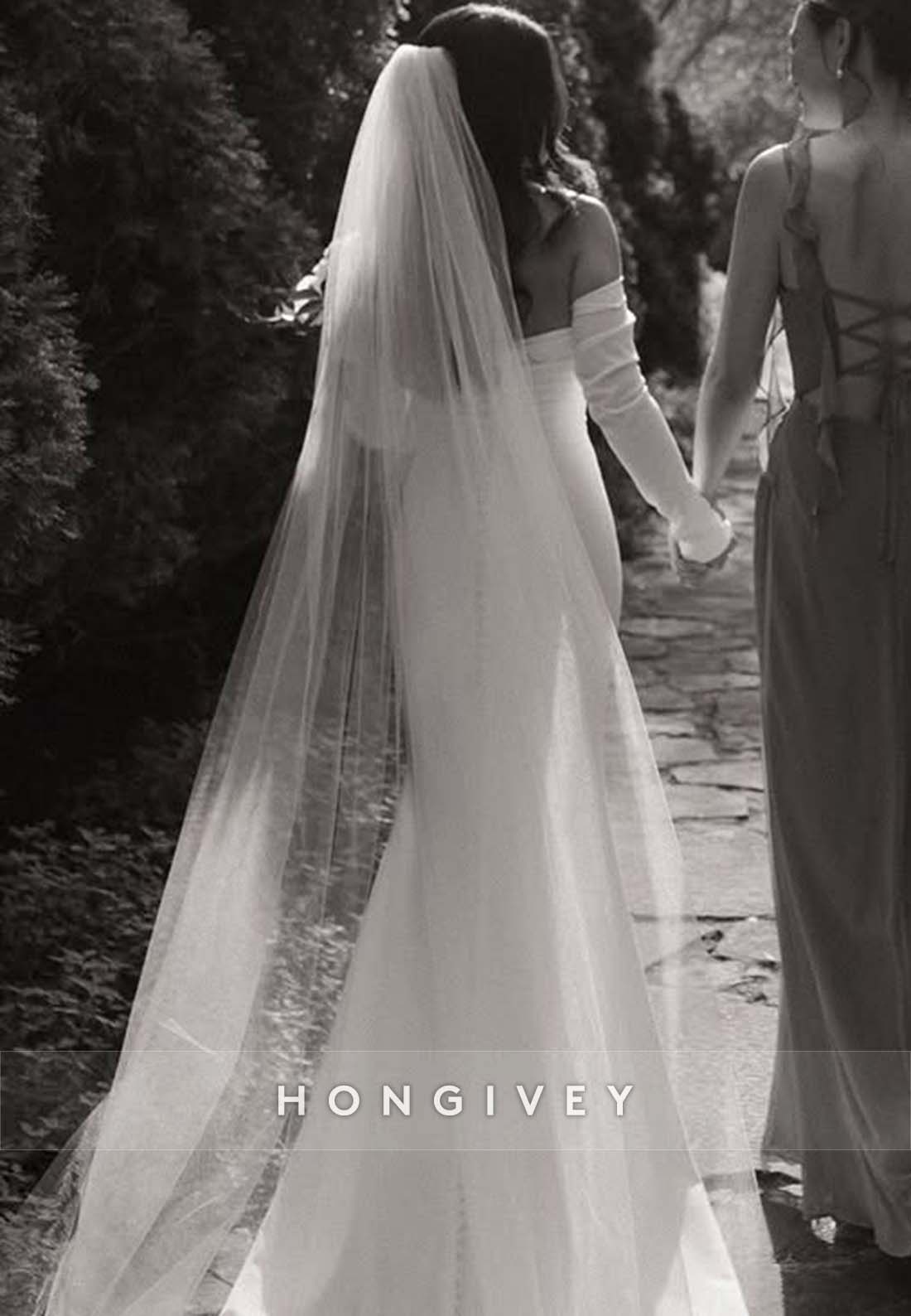 Off the Shoulder Pleated Trumpet Court Train Long Sleeve Wedding Dresses
