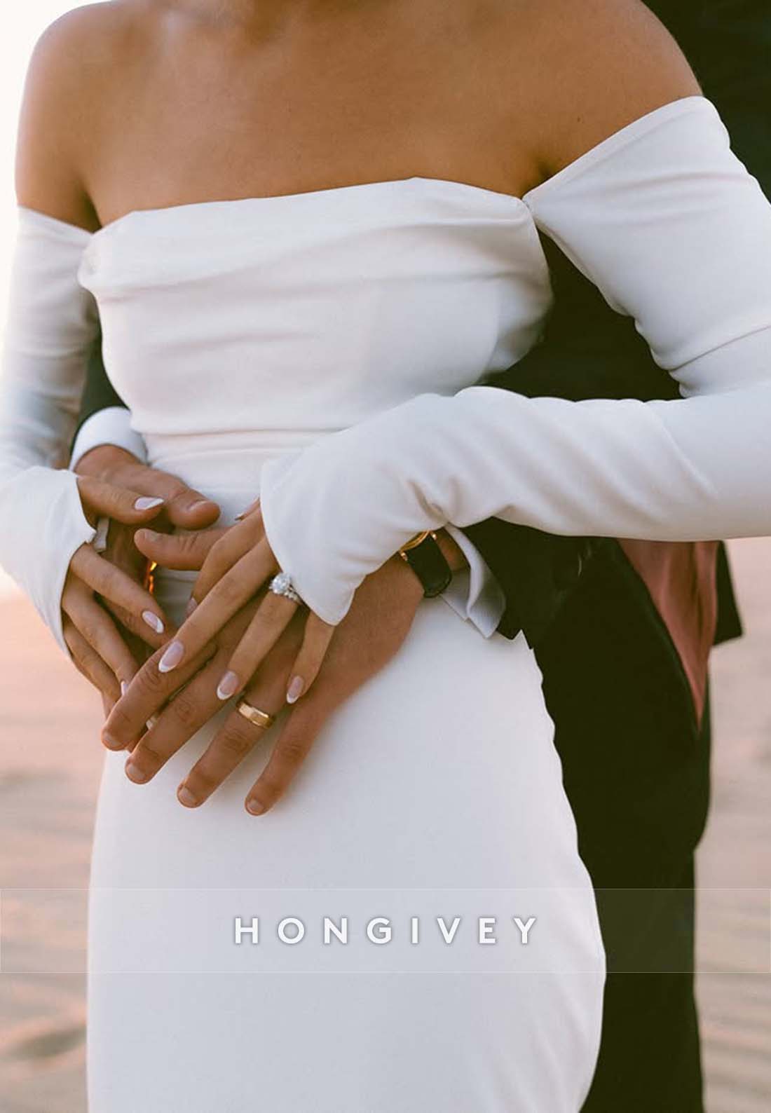 Off the Shoulder Simple Pleated Low Back Long Sleeve Wedding Dresses