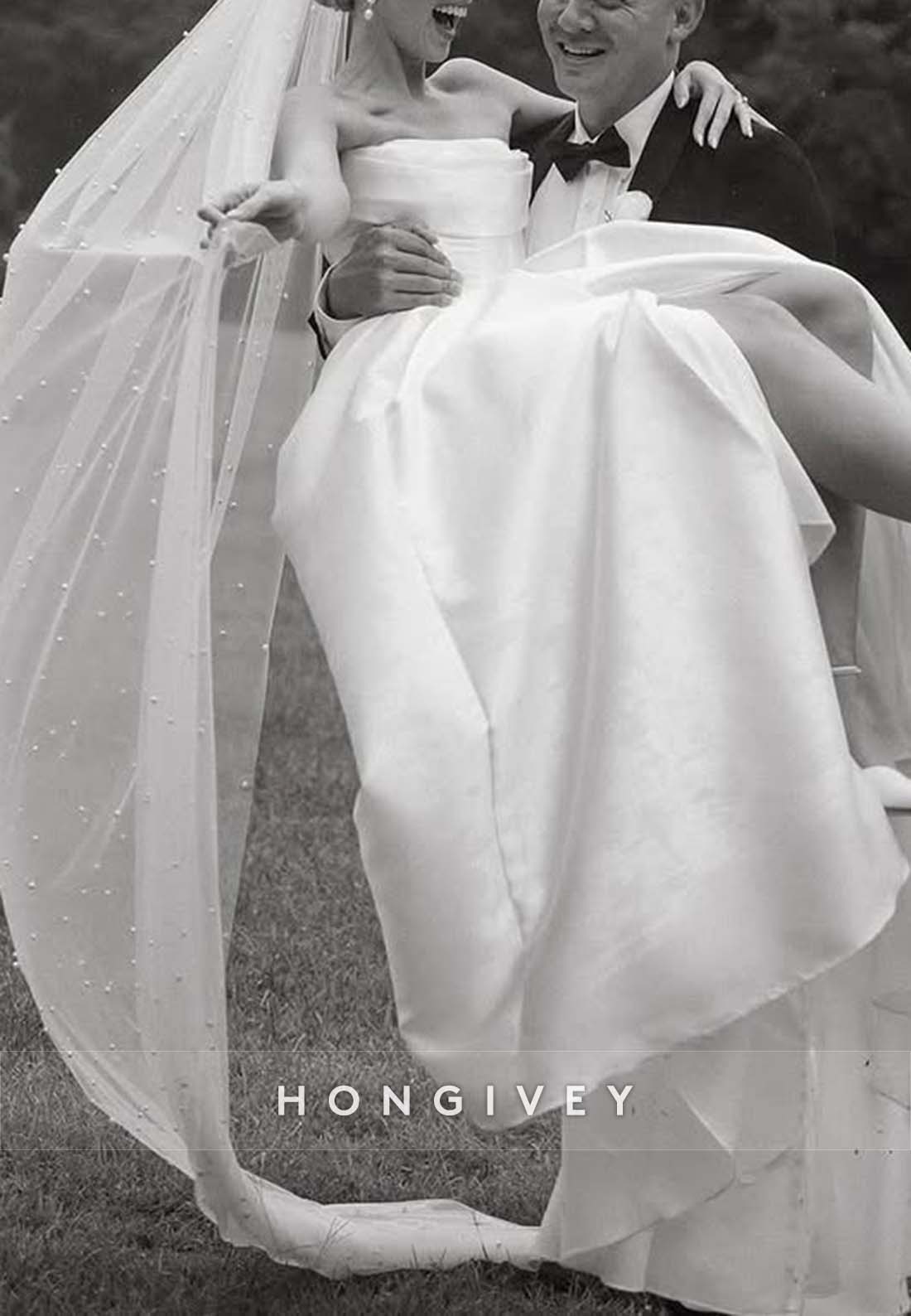 High Slit Pleated Strapless A-line Chapel Train Wedding Dresses