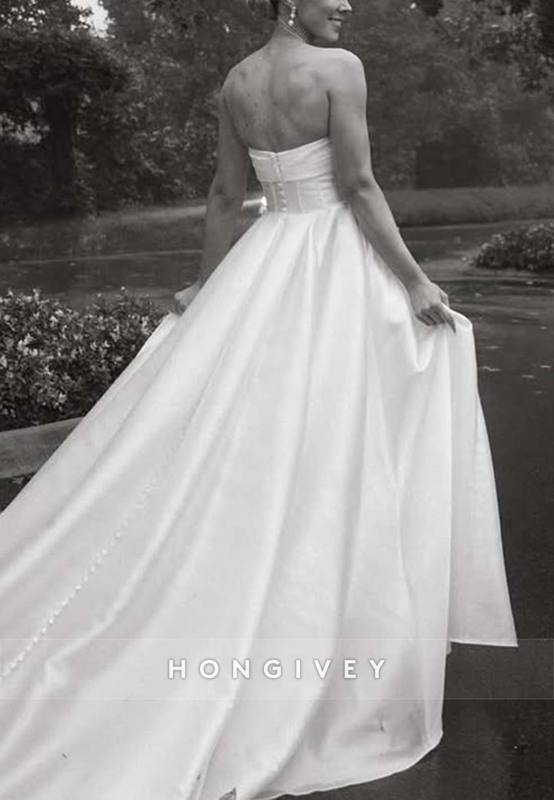 High Slit Pleated Strapless A-line Chapel Train Wedding Dresses