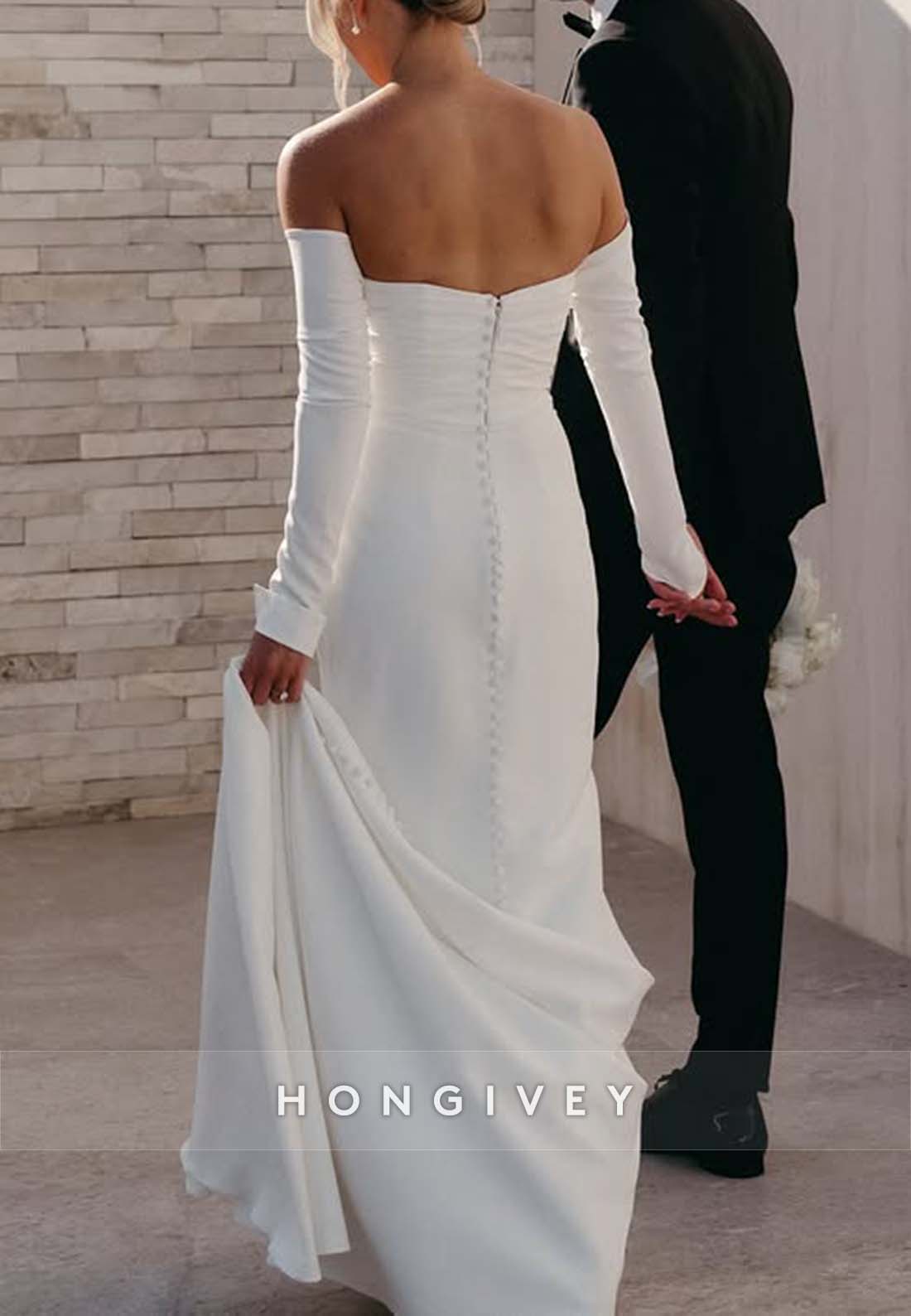 Off the Shoulder Simple Pleated Low Back Long Sleeve Wedding Dresses