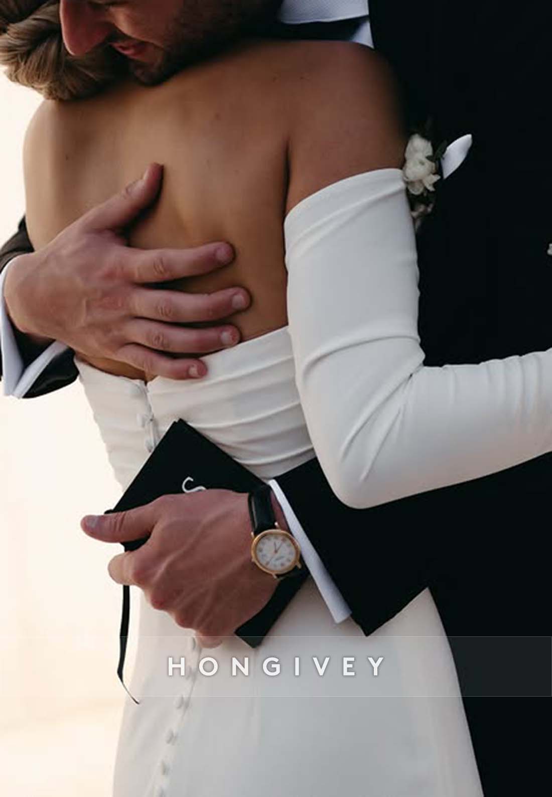 Off the Shoulder Simple Pleated Low Back Long Sleeve Wedding Dresses