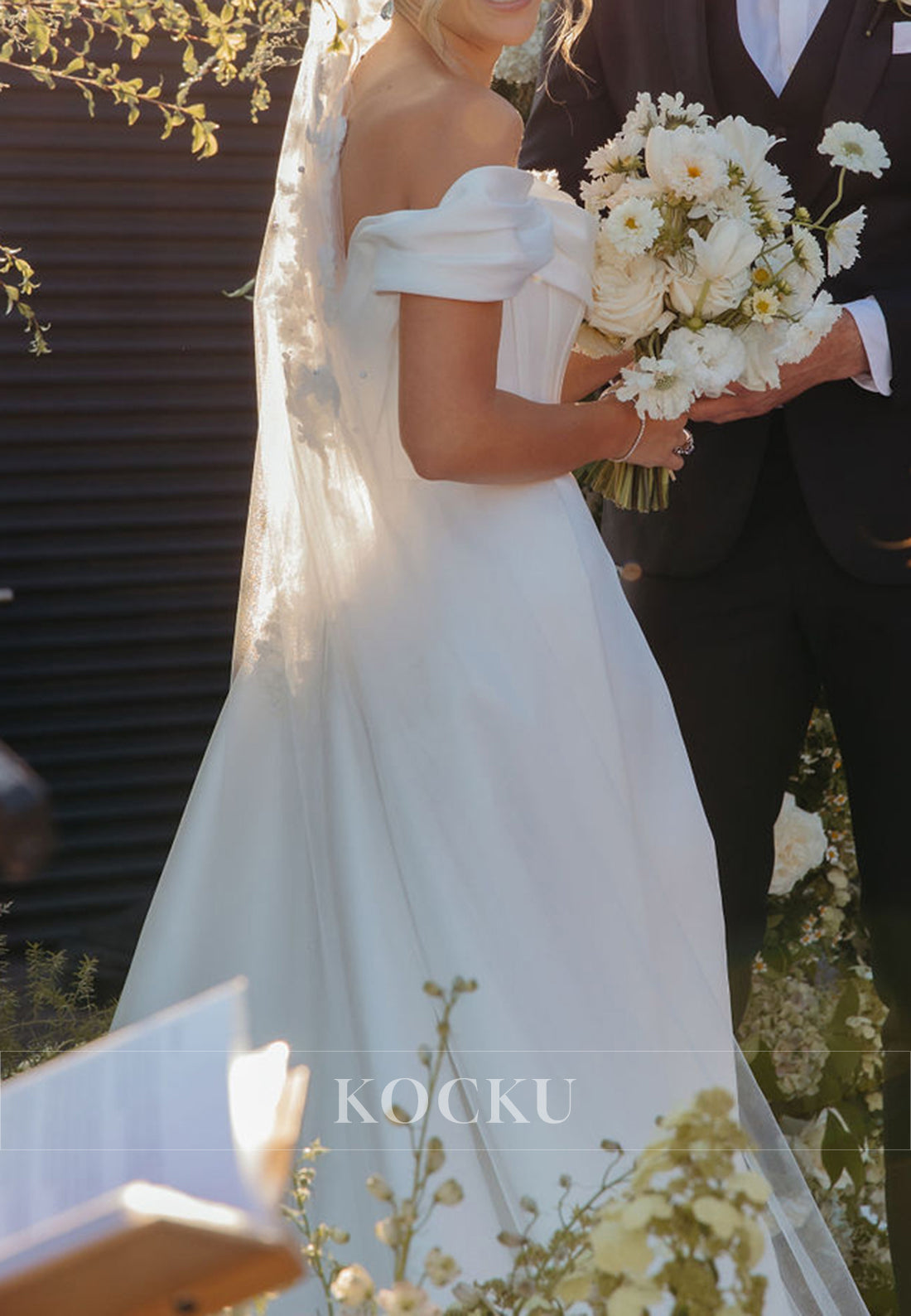 Elegant Off - Shoulder Satin Wedding Dress with High Slit & Long Train