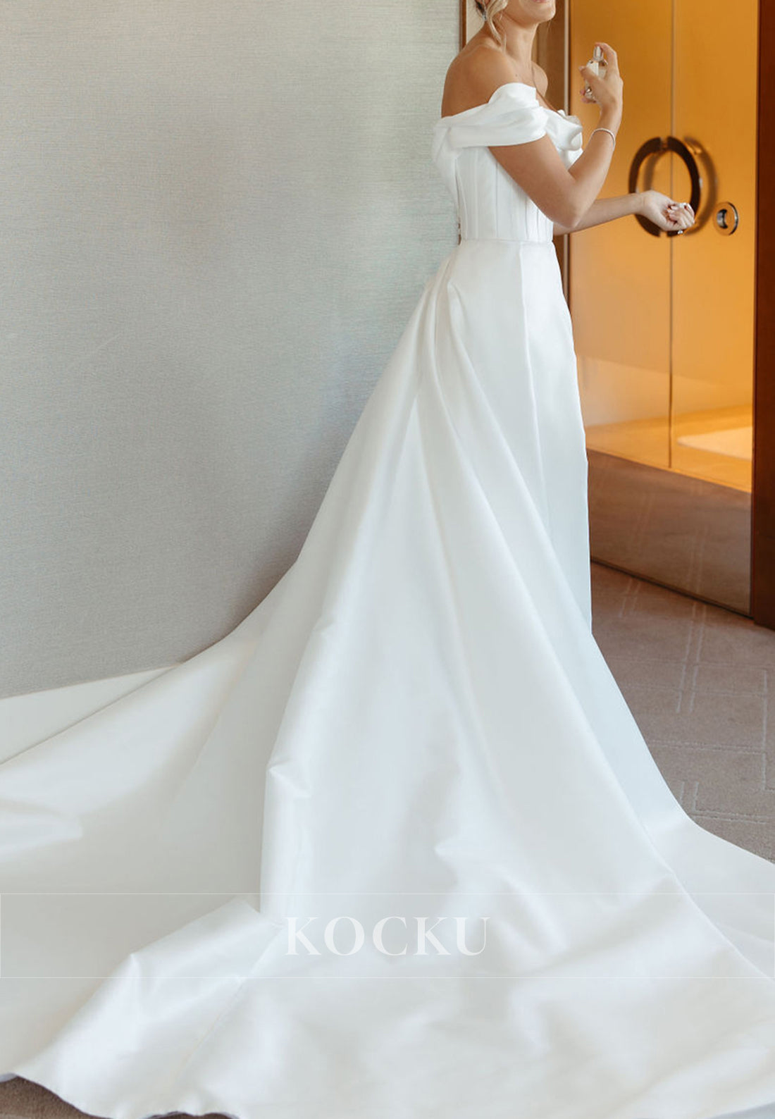 Elegant Off - Shoulder Satin Wedding Dress with High Slit & Long Train