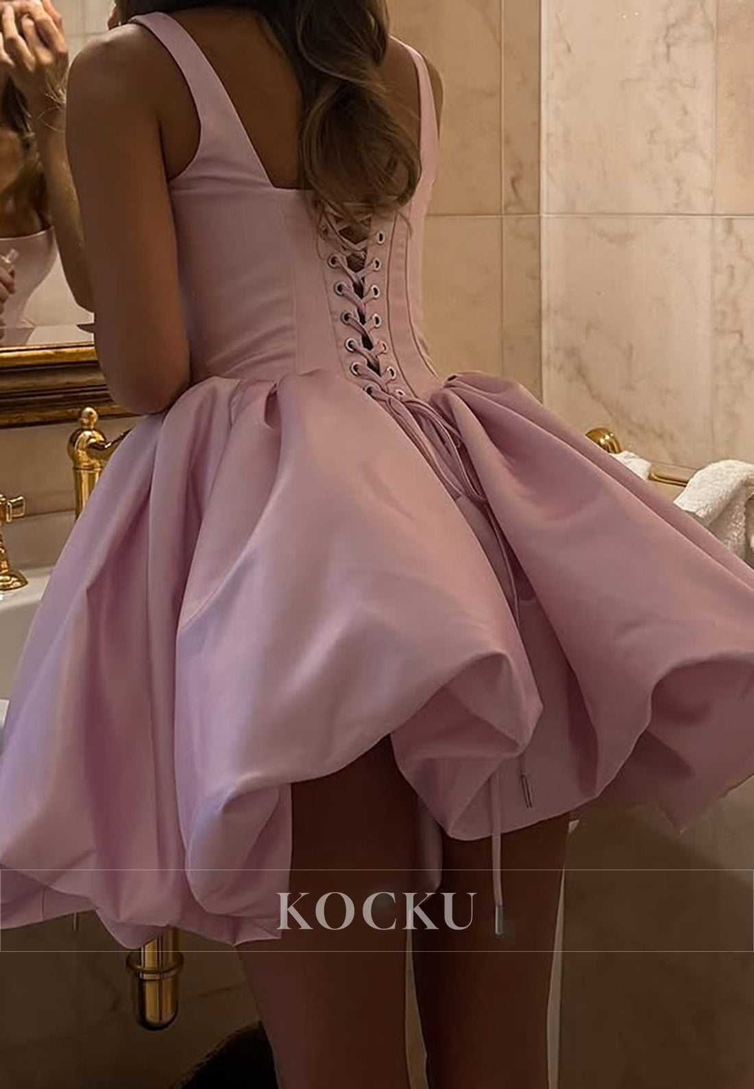 A-Line Spaghetti Straps Square Pleated Homecoming Dresses