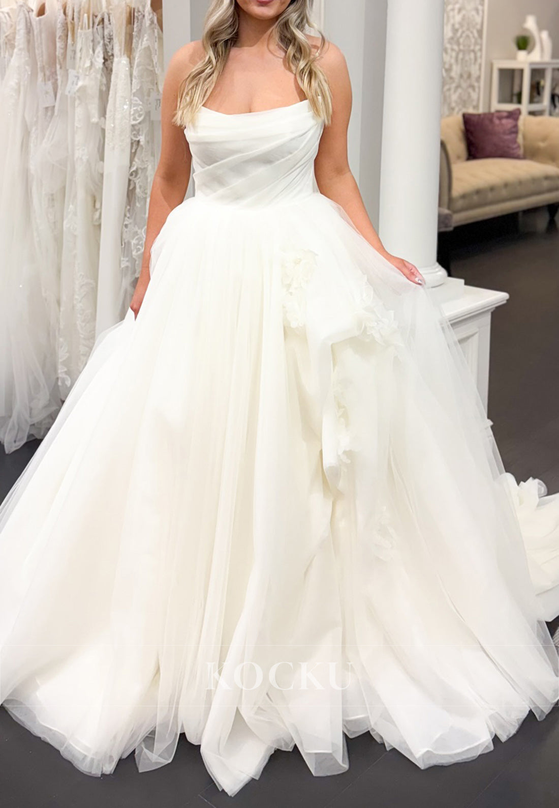 Strapless Tulle Ball Gown Wedding Dress with 3D Floral Accents