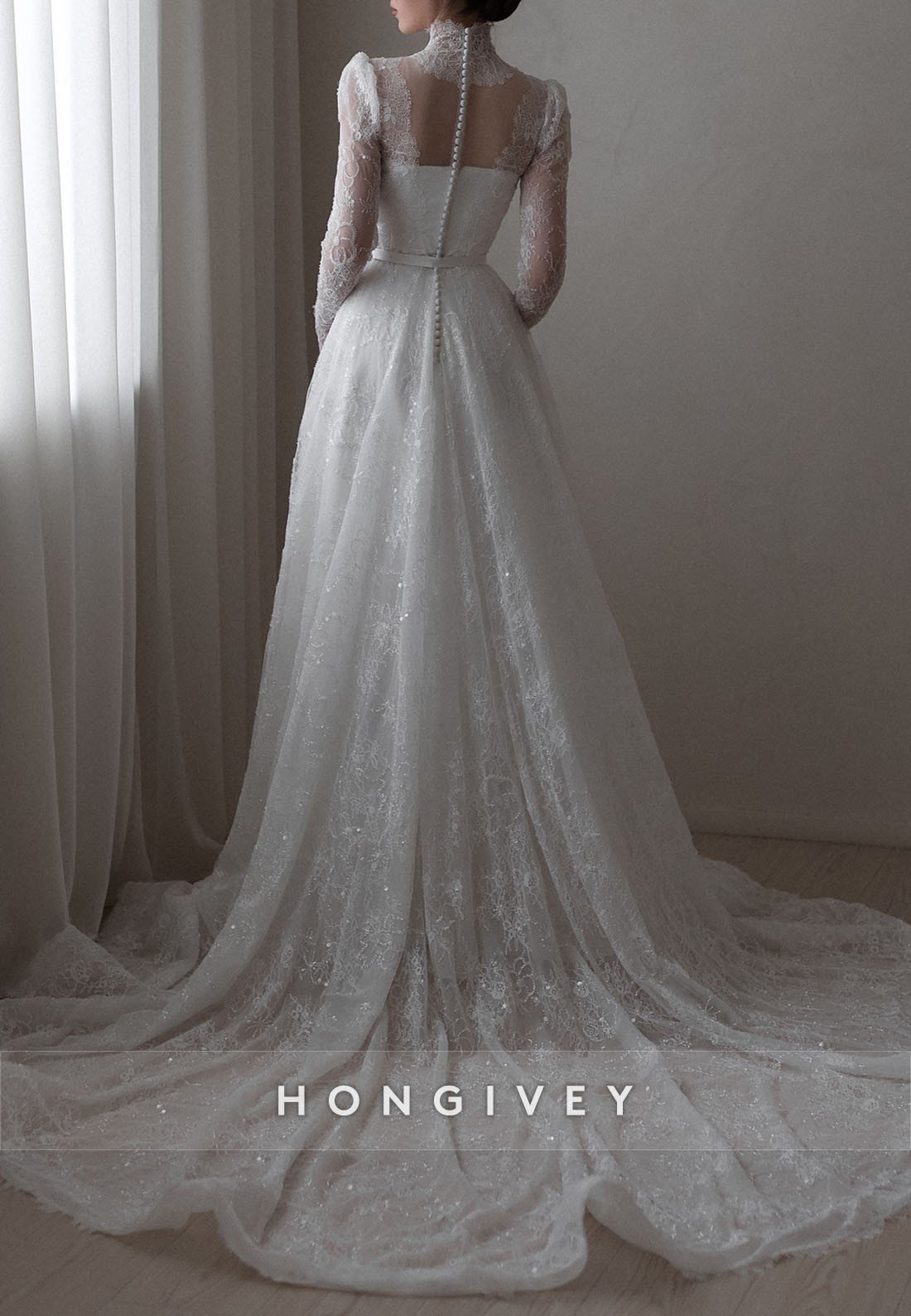 Illusion Neck High Neck A-Line Court Train Lace Long Sleeves Wedding Dresses