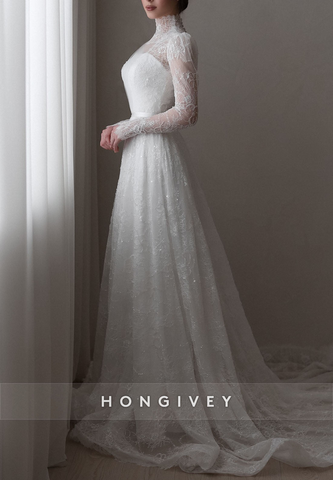 Illusion Neck High Neck A-Line Court Train Lace Long Sleeves Wedding Dresses