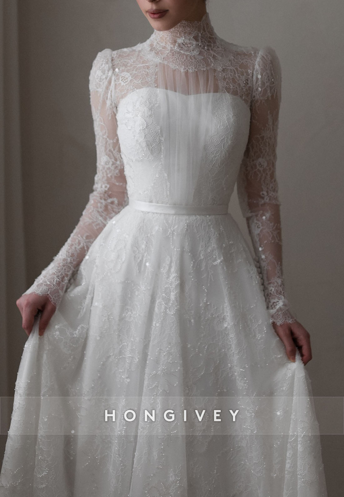 Illusion Neck High Neck A-Line Court Train Lace Long Sleeves Wedding Dresses