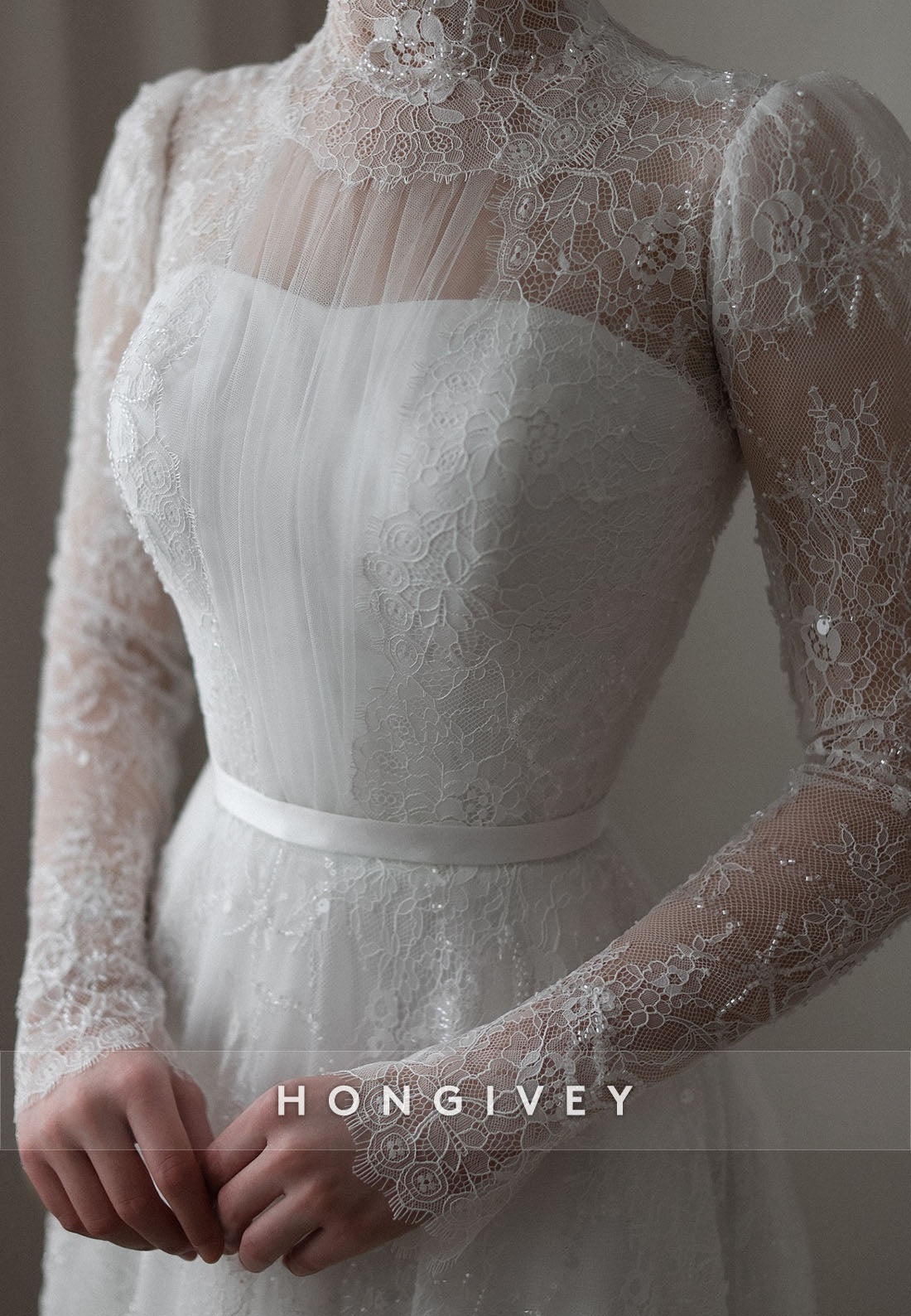 Illusion Neck High Neck A-Line Court Train Lace Long Sleeves Wedding Dresses