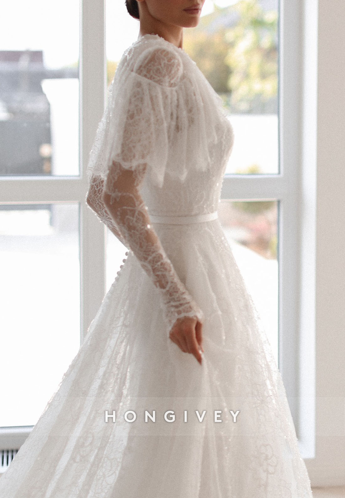 Elegant Shawl Long Sleeves Lace Court Train A-Line Wedding Dresses