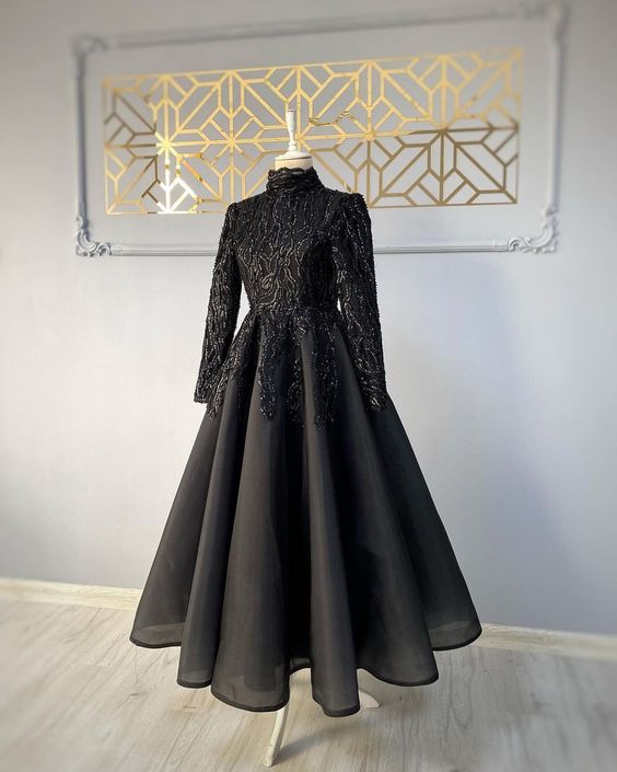 Modest Blue Prom Dresses Lace Emroidery Evening Dress