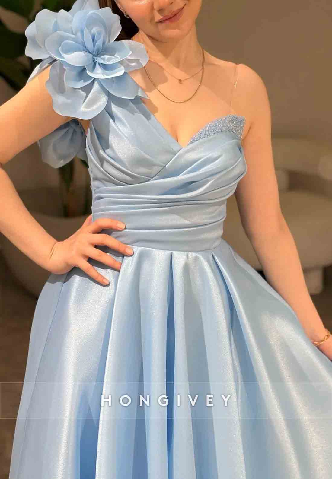 A-line Shoulder Flower One Shoulder Empire Crisscross Back Evening Gowns