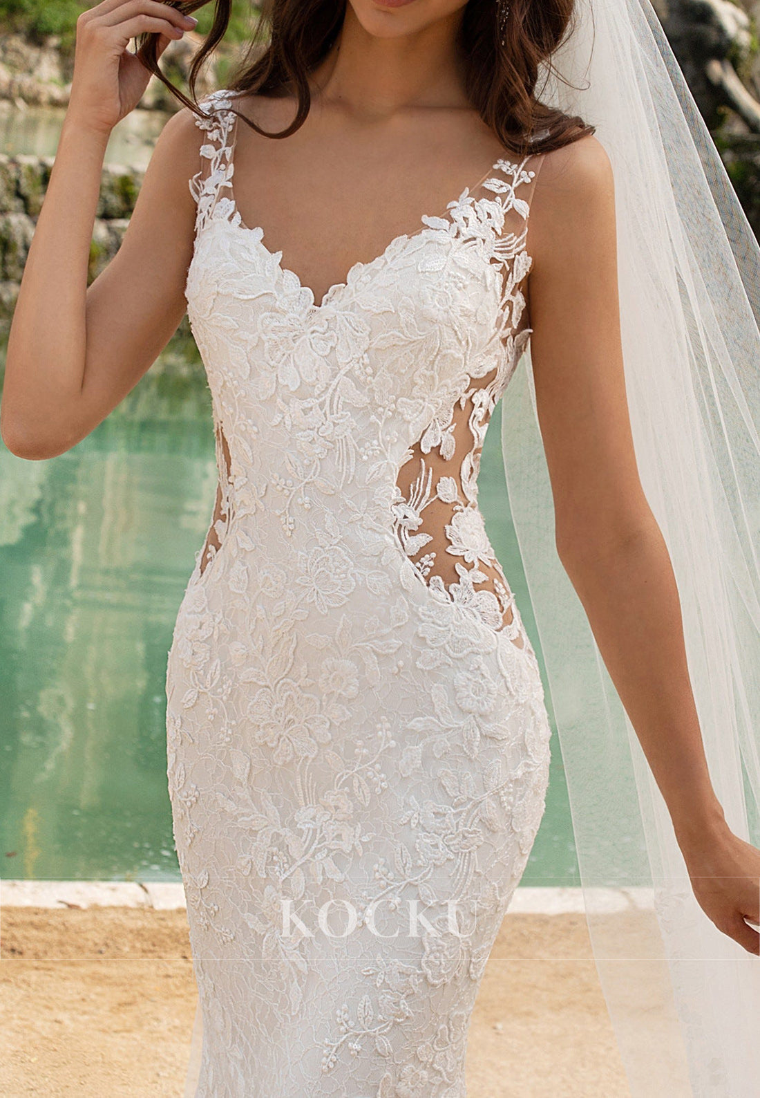 Lace Mermaid Wedding Dress with Deep V - Neck, Sheer Sides & Open Back Train