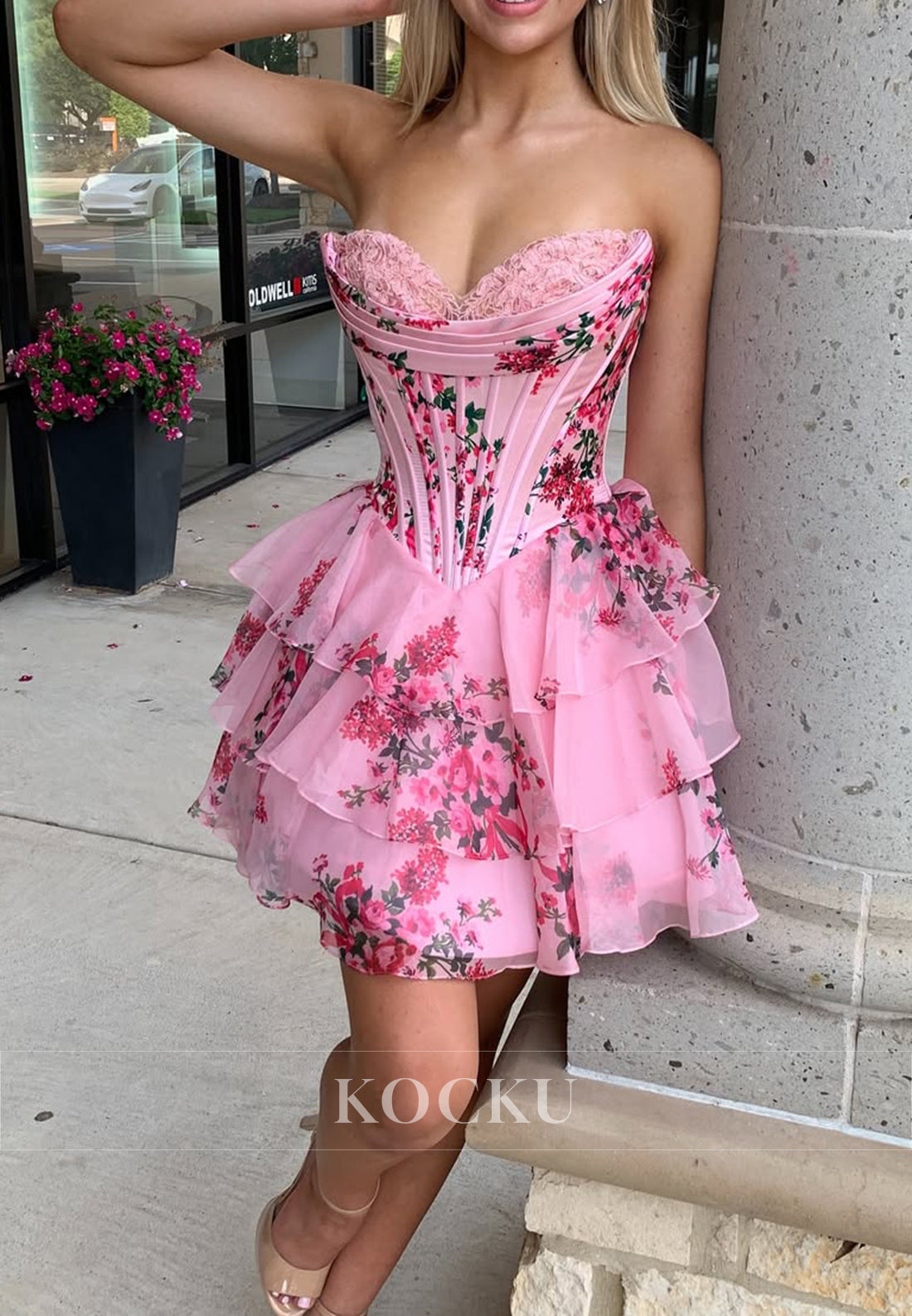A-Line Strapless Sweetheart Print Flowers Homecoming Dresses