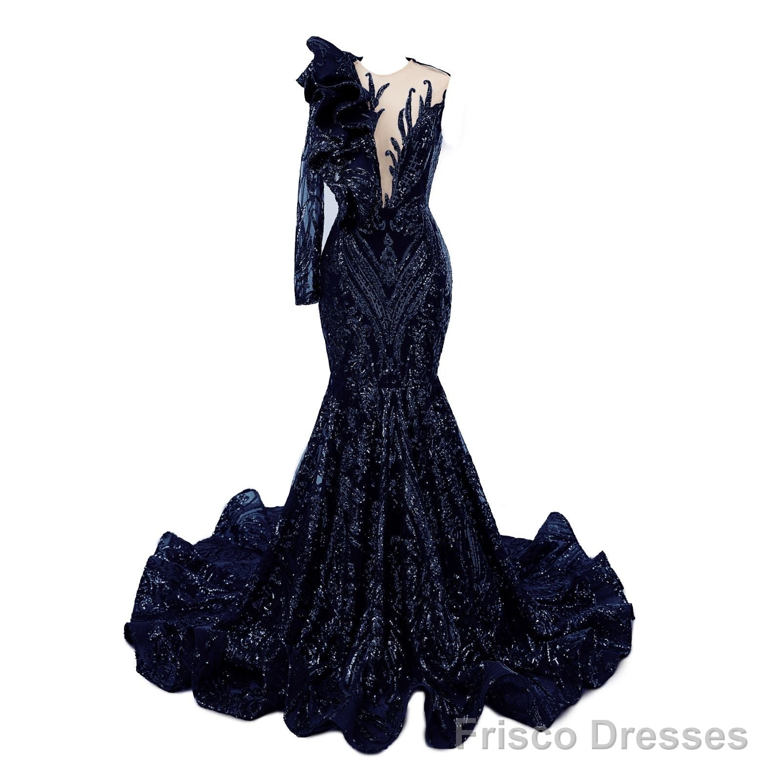 Navy Blue Mermaid One Sleeve Prom Dresses Sequined Lace Jewel Ruffles Evening Party Dress with Appliques