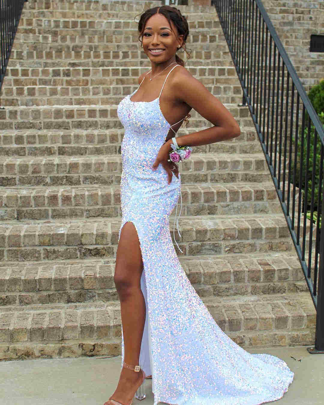 Navy Blue Sequin Long Prom Dresses Mermaid Cross Back Evening Party Dresses