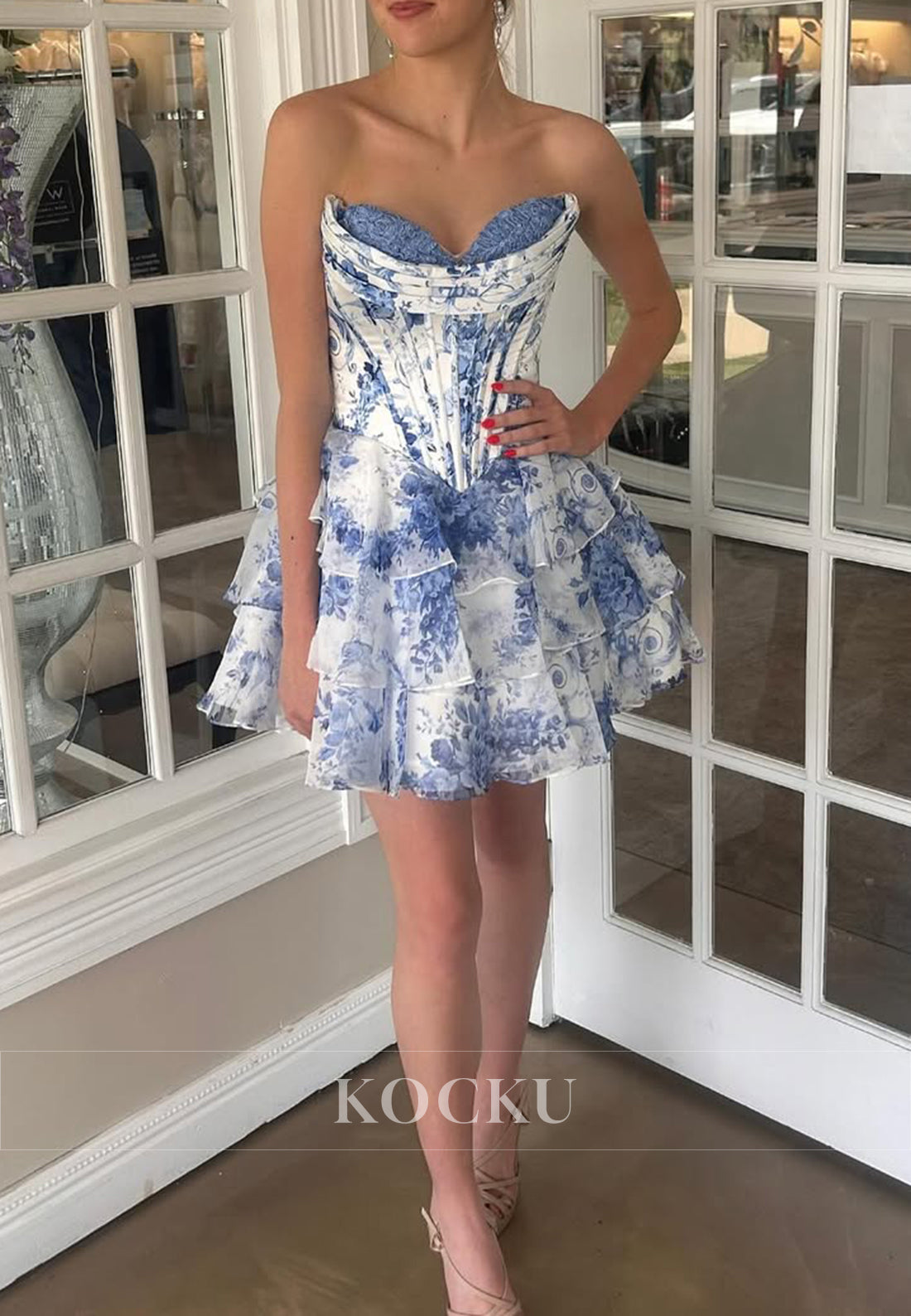 A-Line Strapless Sweetheart Print Flowers Homecoming Dresses