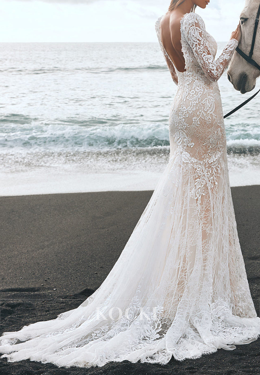 Lace Long Sleeve Mermaid Wedding Dress with Open Back & Train for Beach