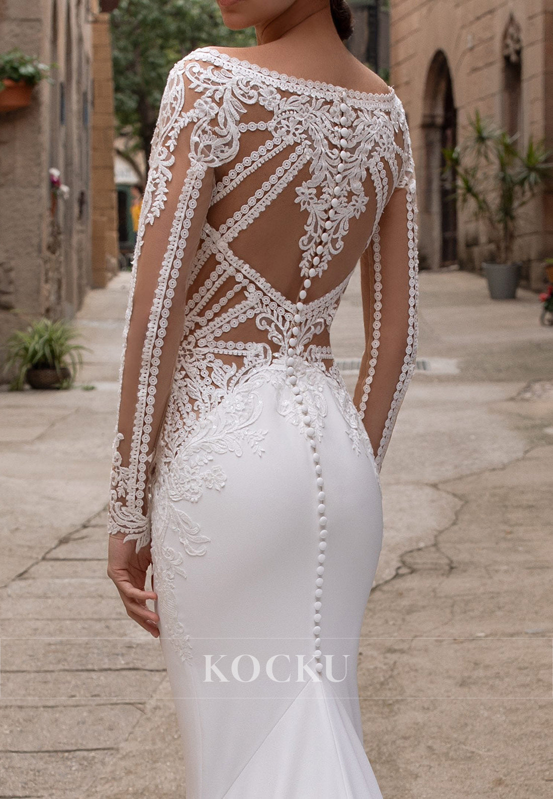 Lace Illusion Long Sleeve Mermaid Wedding Dress with Sheer Back & Train